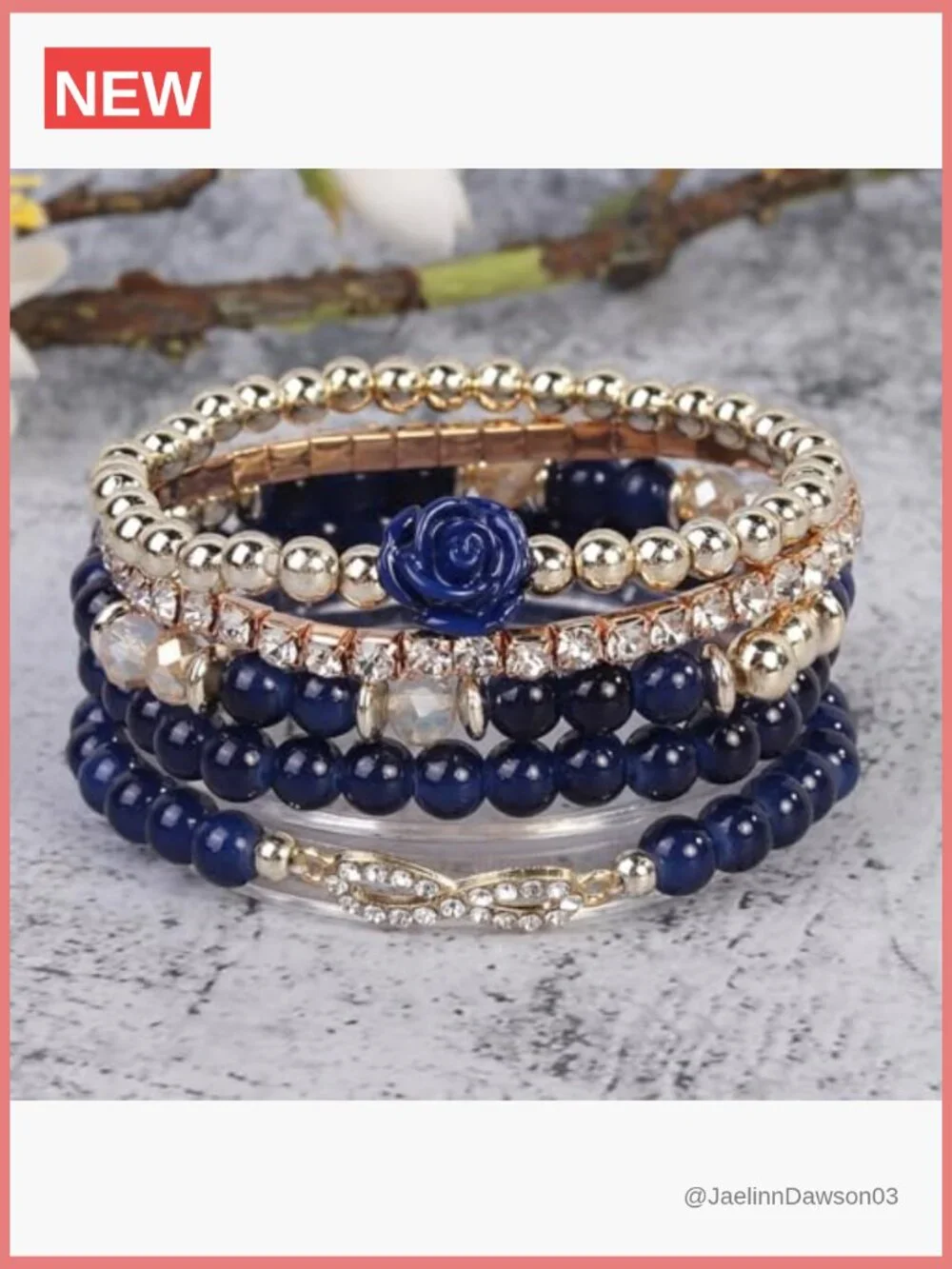 Rose Flower Charms Multilayer Stretch Rhinestone Beaded Bracelet Set Wristlet